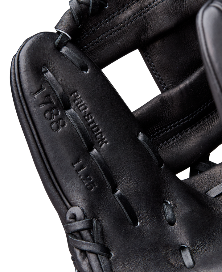 Close-up of a Wilson A2000 1788 11.25" Baseball Glove, featuring embossed details and precise stitching, crafted from premium Pro Stock Leather.