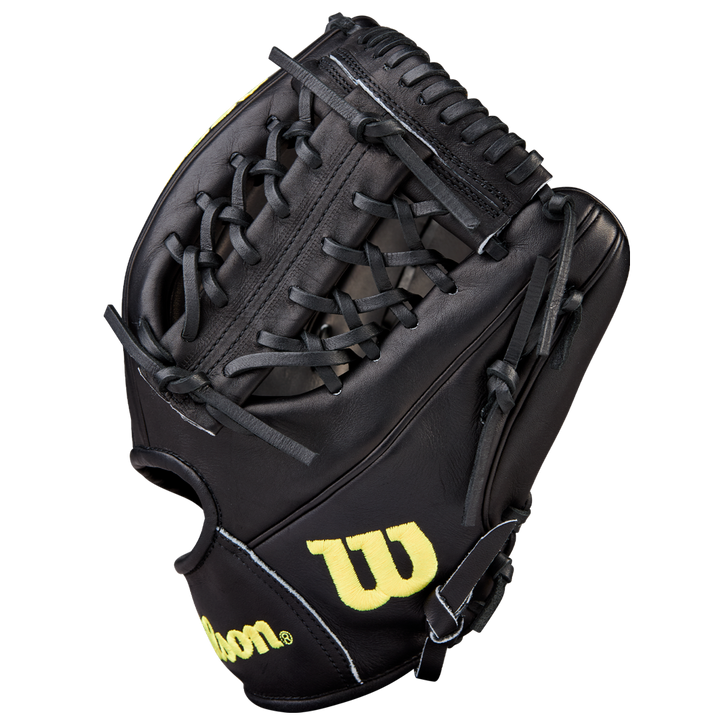 The black Wilson A2000 1789 11.5" Baseball Glove (WBW104106115) features yellow logos, Pro Stock leather laces, and an open web design, shown against a white background.