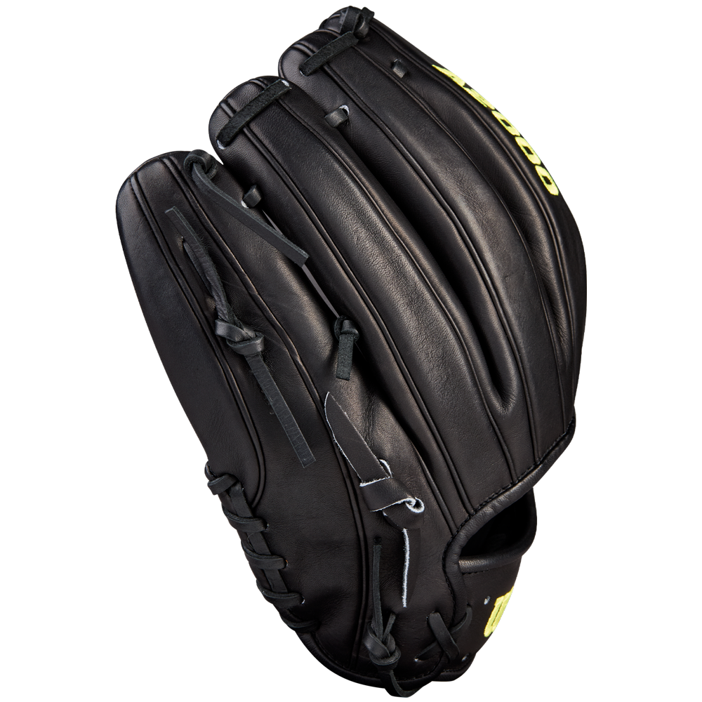 A Wilson A2000 1789 11.5" black infield baseball glove, crafted from Pro Stock leather with visible stitching and laces, is displayed on a plain white background.
