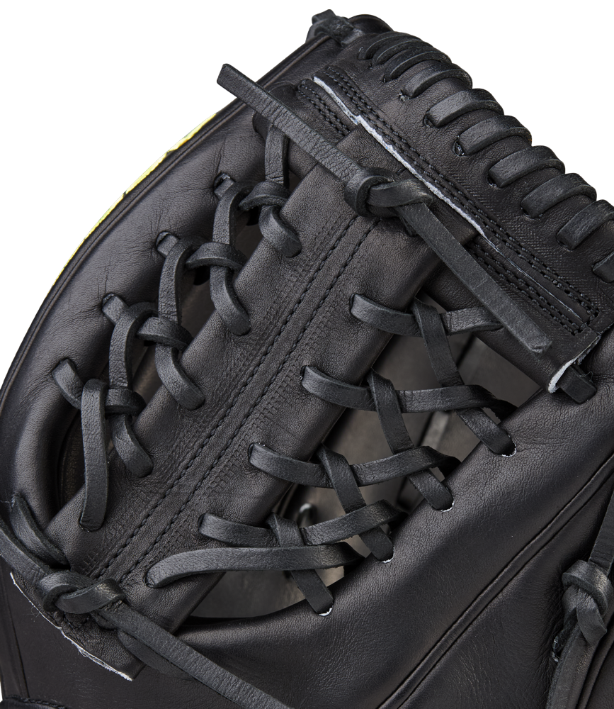 Close-up of the Wilson A2000 1789 11.5" Baseball Glove (WBW104106115), highlighting webbing, stitching, detailed laces, and the rich Pro Stock leather texture.