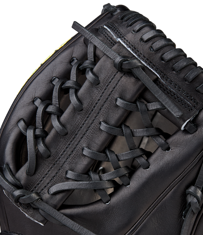 Close-up of the Wilson A2000 1789 11.5" Baseball Glove (WBW104106115), highlighting webbing, stitching, detailed laces, and the rich Pro Stock leather texture.