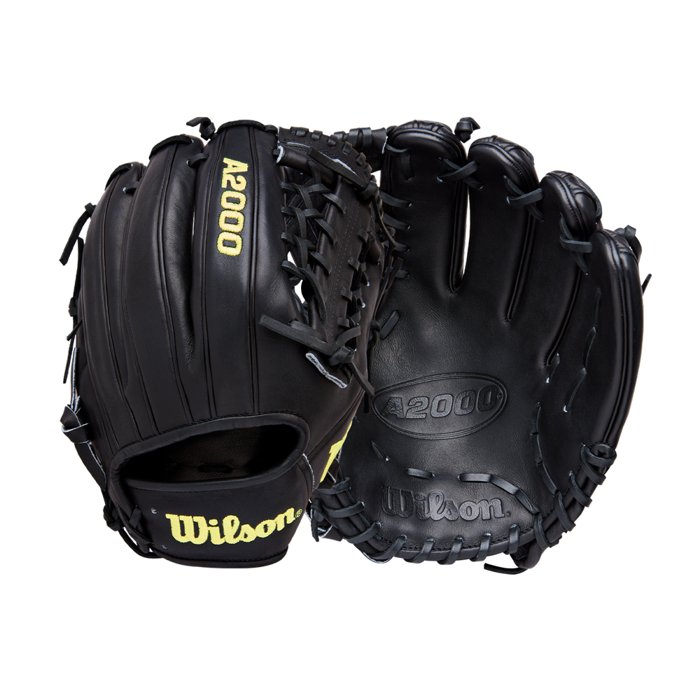 Two black Wilson A2000 1789 11.5" baseball gloves (model WBW104106115) with yellow Wilson branding are shown—one with the palm side, the other with the back—highlighting detailed stitching and Pro Stock leather lacing.