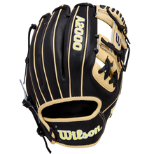 The Wilson A2000 1786 11.5" Baseball Glove: WBW104108115 features black and tan Pro Stock Leather, yellow stitching, and an H-Web design. The Wilson logo appears on the wrist strap against a white background.