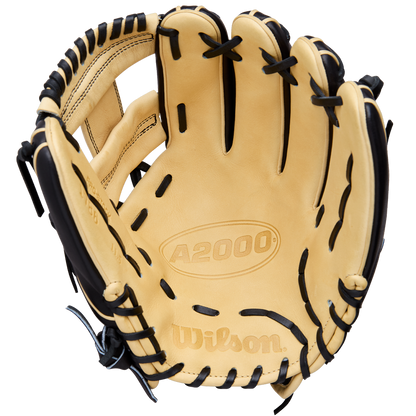 A Wilson A2000 1786 11.5" Baseball Glove (WBW104108115) in tan with black laces and H-Web construction is shown open, highlighting the inside palm area embossed with A2000 and Wilson in Pro Stock Leather.
