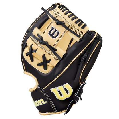 A Wilson A2000 1786 11.5" baseball glove, black and tan with black laces, H-Web design, and yellow-and-white Wilson W logos on thumb and wrist, displayed on a plain white background.