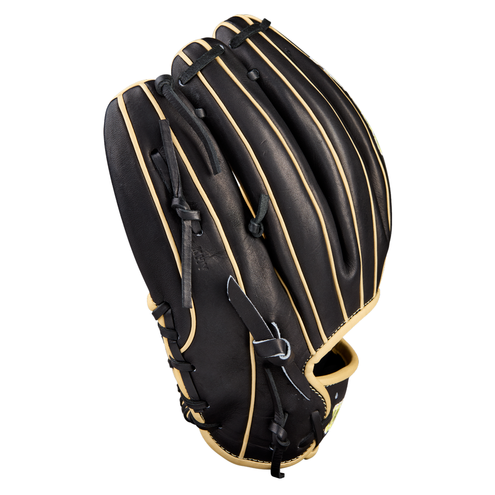 The Wilson A2000 1786 11.5" Baseball Glove (WBW104108115) by Wilson features black Pro Stock leather with tan lacing and trim, shown from the back with closed fingers and visible H-Web construction.