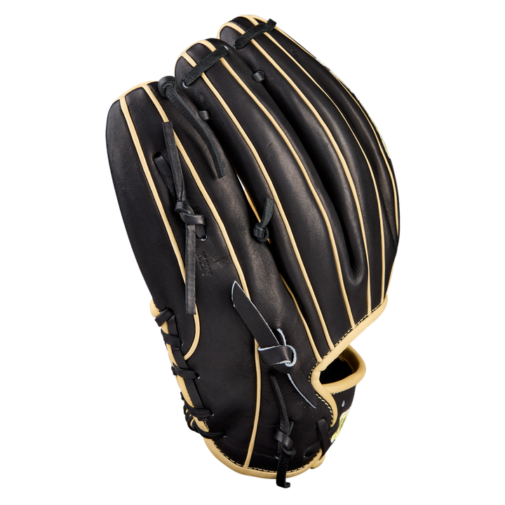 The Wilson A2000 1786 11.5" Baseball Glove (WBW104108115) by Wilson features black Pro Stock leather with tan lacing and trim, shown from the back with closed fingers and visible H-Web construction.