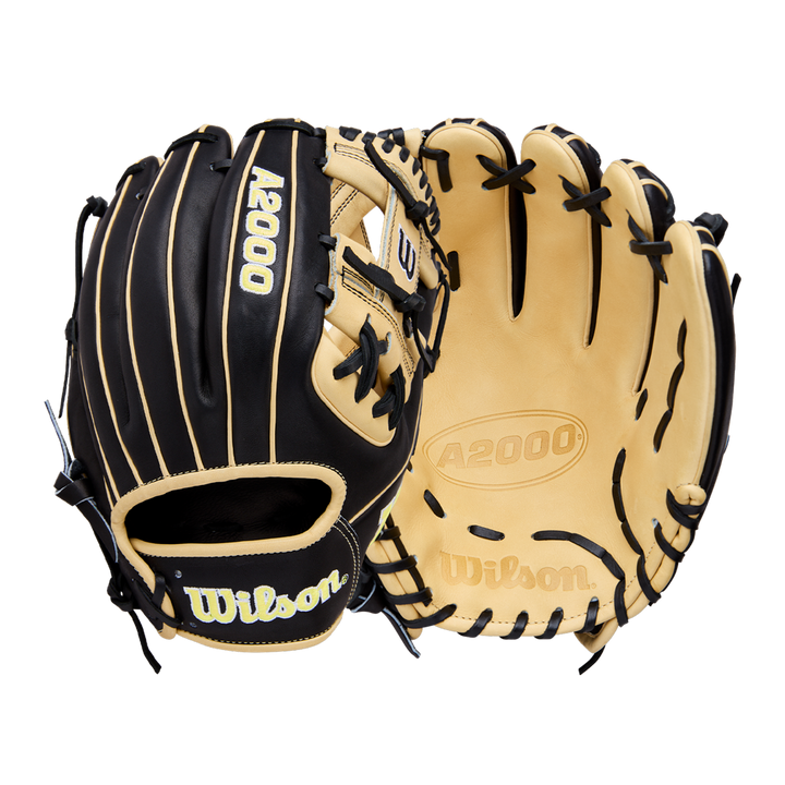 A Wilson A2000 1786 11.5" Baseball Glove by Wilson, shown in black and tan from front and back on a white background, features Pro Stock Leather, detailed lacing, a sturdy pocket, and stitched logos for durable infield performance.