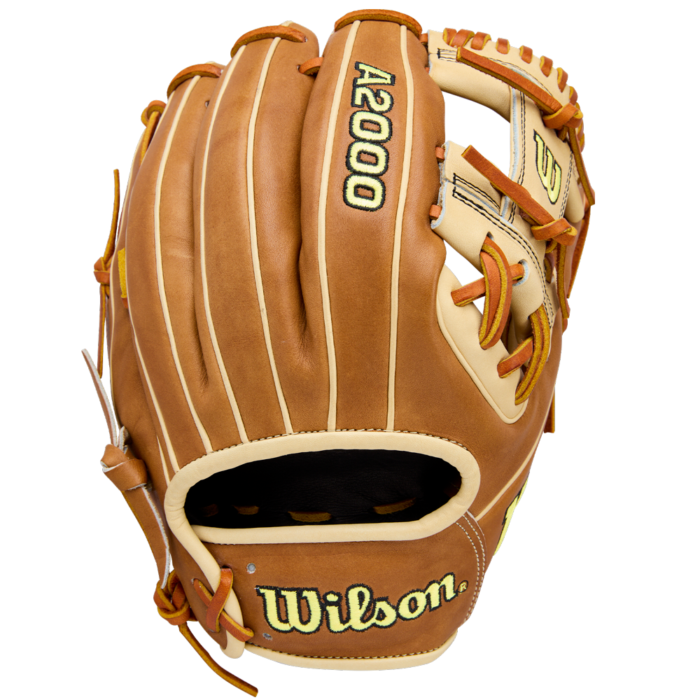 The Wilson A2000 1786 11.5" Baseball Glove (WBW104109115), made of brown Pro Stock Leather with tan accents and yellow stitching, is shown from the back with the Wilson brand and model displayed.