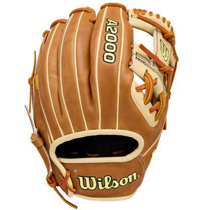 The Wilson A2000 1786 11.5" Baseball Glove (WBW104109115), made of brown Pro Stock Leather with tan accents and yellow stitching, is shown from the back with the Wilson brand and model displayed.