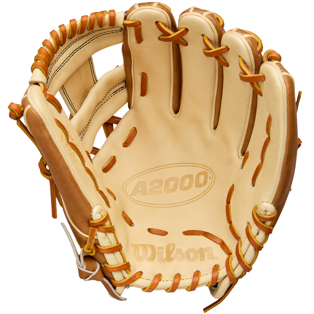 A Wilson A2000 1786 11.5" infield glove, crafted from Pro Stock Leather in tan and brown, is shown palm-side with visible stitching, laces, and an embossed Wilson logo inside.