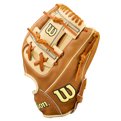 The Wilson A2000 1786 11.5" Baseball Glove (WBW104109115) by Wilson is shown in tan and cream with orange laces, yellow and green stitched W logo, and crafted from Pro Stock Leather against a white background.