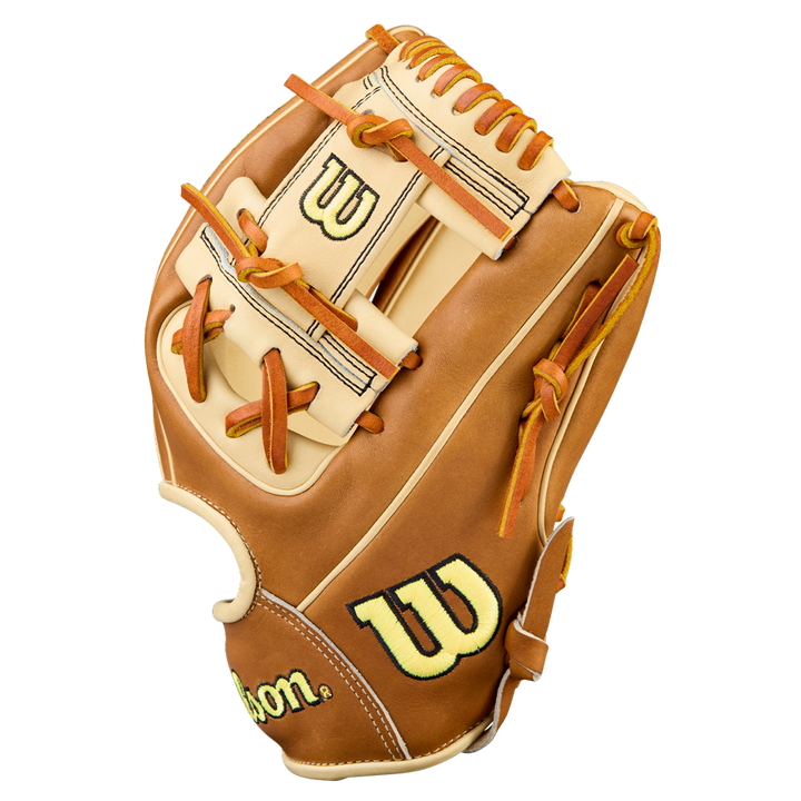 The Wilson A2000 1786 11.5" Baseball Glove (WBW104109115) by Wilson is shown in tan and cream with orange laces, yellow and green stitched W logo, and crafted from Pro Stock Leather against a white background.