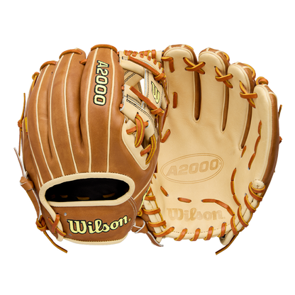 Two tan and cream Wilson A2000 1786 11.5" baseball gloves by Wilson are shown, one with the exterior visible and the other displaying the interior laces, branding, and premium Pro Stock Leather.