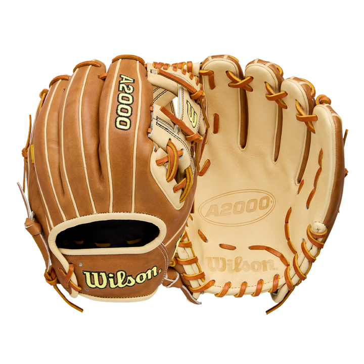 Two tan and cream Wilson A2000 1786 11.5" baseball gloves by Wilson are shown, one with the exterior visible and the other displaying the interior laces, branding, and premium Pro Stock Leather.