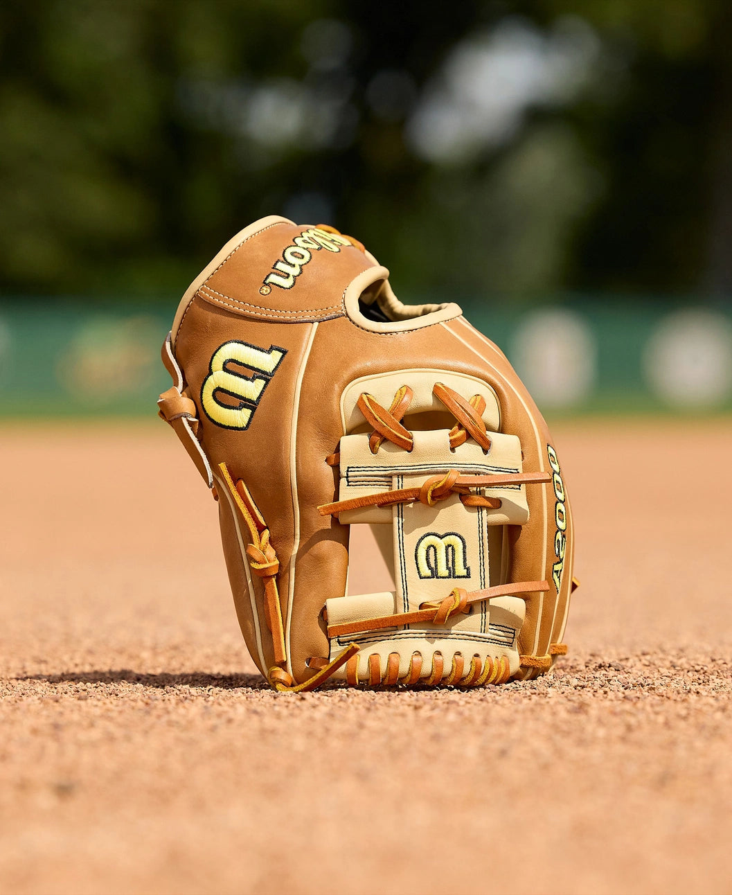 A Wilson A2000 1786 11.5" Baseball Glove (WBW104109115) by Wilson stands upright on infield dirt, with a green outfield and blurred trees in the background.