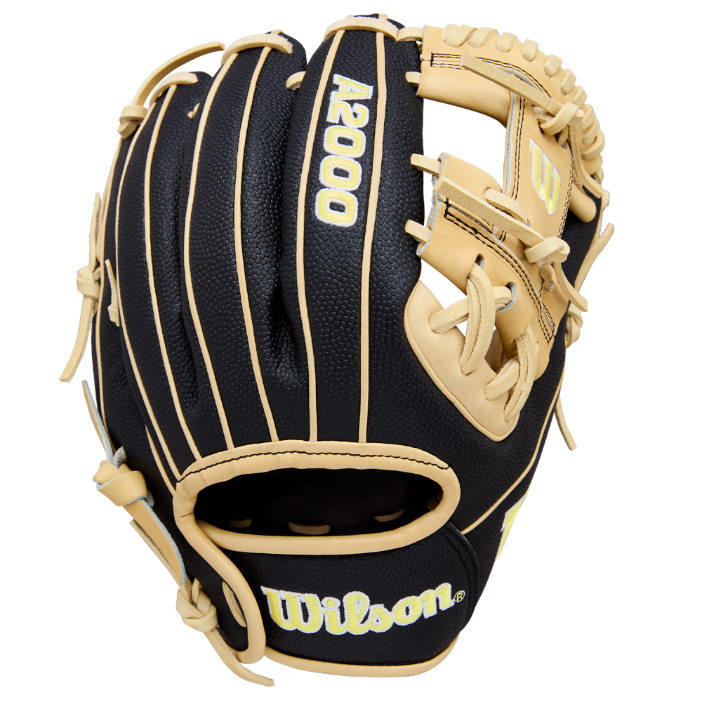 The Wilson A2000 DP15SS 11.5" Baseball Glove (WBW104110115) by Wilson, shown from above, highlights its black and tan design with yellow stitching, SuperSkin material, webbing, finger slots, and branded palm and back.