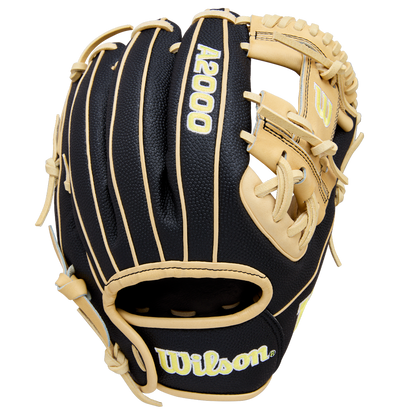 The Wilson A2000 DP15SS 11.5" Baseball Glove (WBW104110115) by Wilson, shown from above, highlights its black and tan design with yellow stitching, SuperSkin material, webbing, finger slots, and branded palm and back.