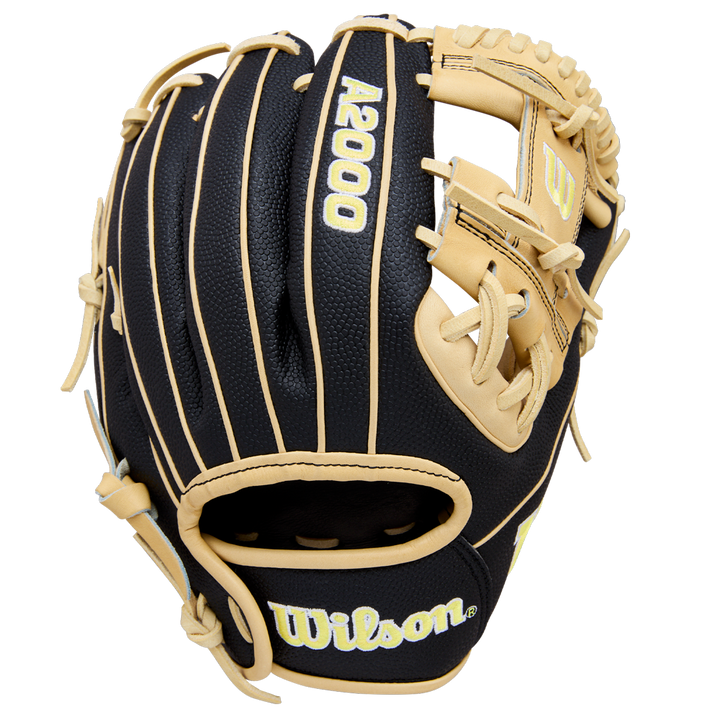 The Wilson A2000 DP15SS 11.5" Baseball Glove (WBW104110115) by Wilson, shown from above, highlights its black and tan design with yellow stitching, SuperSkin material, webbing, finger slots, and branded palm and back.
