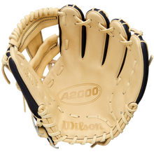 The Wilson A2000 DP15SS 11.5" Baseball Glove (WBW104110115) in tan and black features Pedroia Fit Technology for a snug, comfortable feel and is shown open, palm up, with visible stitching and logos against a white background.
