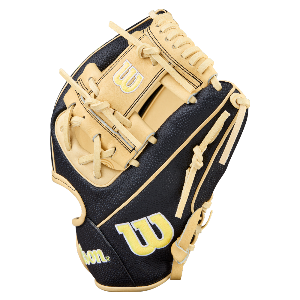 The Wilson A2000 DP15SS 11.5" Baseball Glove (WBW104110115) features a black and tan design with yellow W logos, tan laces, and Pedroia Fit Technology, shown upright against a plain white background.