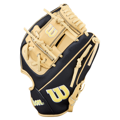The Wilson A2000 DP15SS 11.5" Baseball Glove (WBW104110115) features a black and tan design with yellow W logos, tan laces, and Pedroia Fit Technology, shown upright against a plain white background.