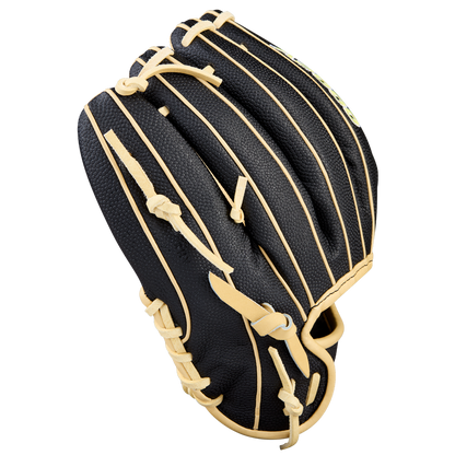 The Wilson A2000 DP15SS 11.5" Baseball Glove (WBW104110115) by Wilson is shown in black with tan lacing and trim, closed with the palm side away on a plain light background.