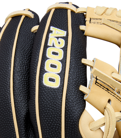 A close-up of a black and tan Wilson A2000 DP15SS 11.5" Baseball Glove (WBW104110115) with SuperSkin and "A2000" embroidered in white and yellow on the back.