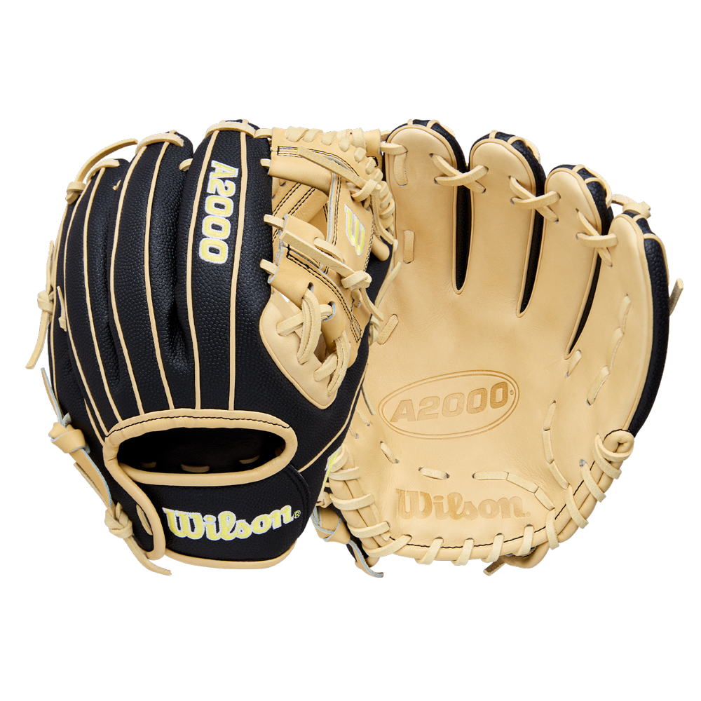 A pair of Wilson A2000 DP15SS 11.5" baseball gloves in black and tan—one showing the outer design and the other the inner palm with embossed branding—feature durable SuperSkin for enhanced performance.