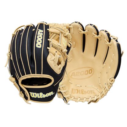 A pair of Wilson A2000 DP15SS 11.5" baseball gloves in black and tan—one showing the outer design and the other the inner palm with embossed branding—feature durable SuperSkin for enhanced performance.