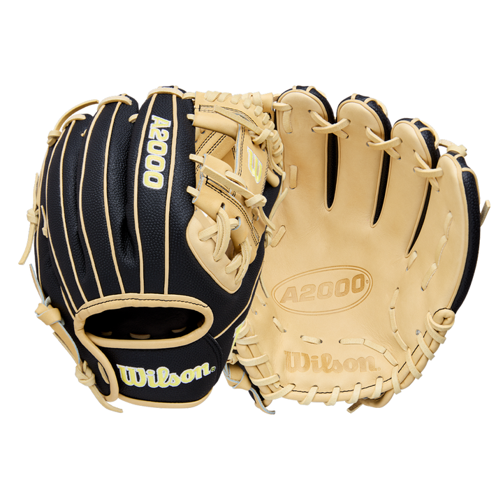 A pair of Wilson A2000 DP15SS 11.5" baseball gloves in black and tan—one showing the outer design and the other the inner palm with embossed branding—feature durable SuperSkin for enhanced performance.