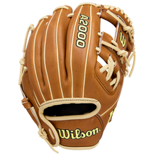 The Wilson A2000 DP15 11.5" Baseball Glove (WBW104111115) features brown Pro Stock Leather, light tan laces, and the Wilson brand and model embroidered in yellow and black on the glove and thumb.