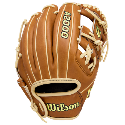 The Wilson A2000 DP15 11.5" Baseball Glove (WBW104111115) features brown Pro Stock Leather, light tan laces, and the Wilson brand and model embroidered in yellow and black on the glove and thumb.