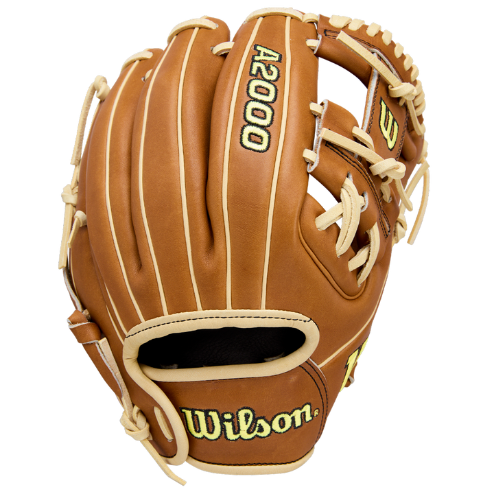 The Wilson A2000 DP15 11.5" Baseball Glove (WBW104111115) features brown Pro Stock Leather, light tan laces, and the Wilson brand and model embroidered in yellow and black on the glove and thumb.