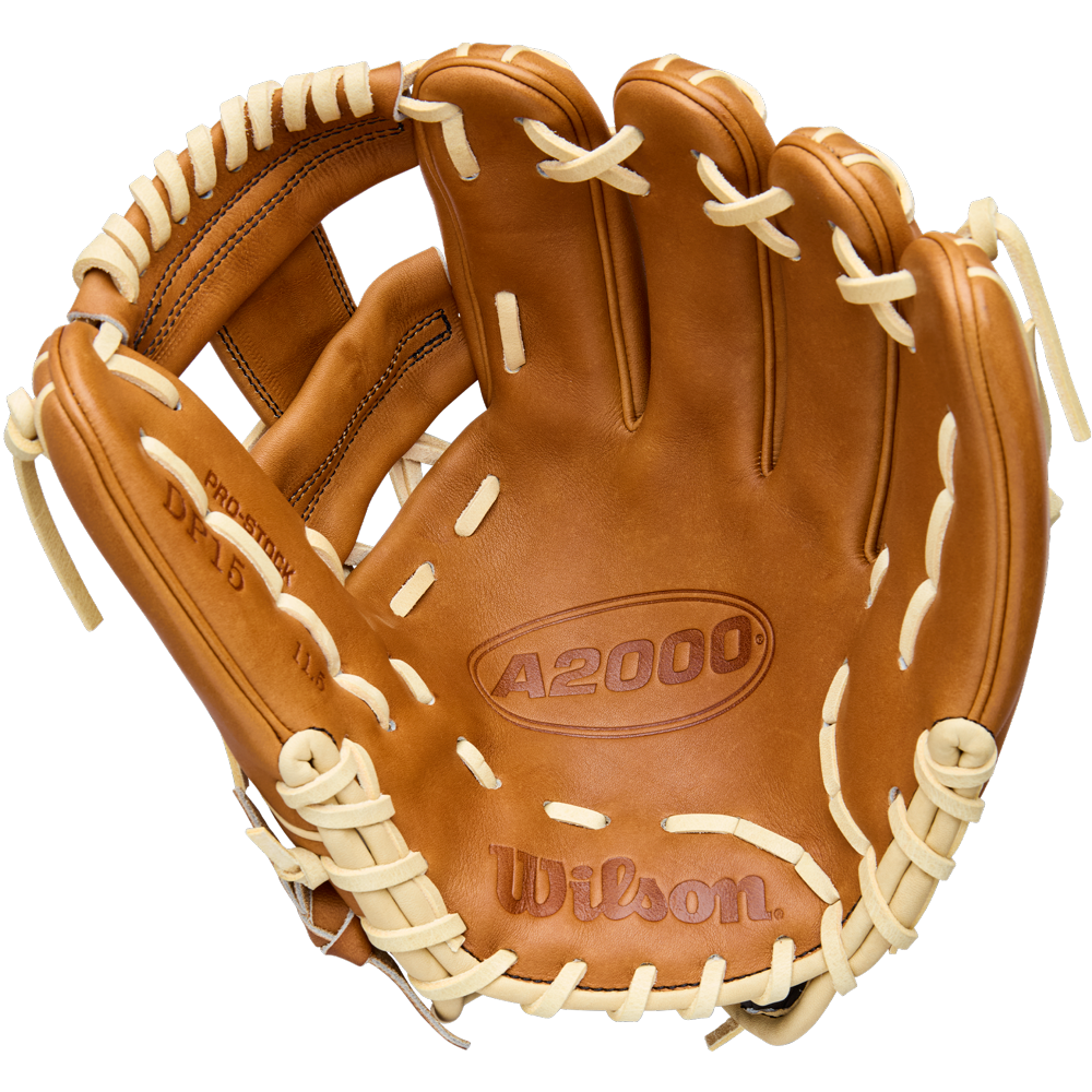 A tan Wilson A2000 DP15 11.5" Baseball Glove (WBW104111115) with cream laces, showing the palm side and Wilson branding embossed on premium Pro Stock Leather.