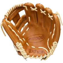 A tan Wilson A2000 DP15 11.5" Baseball Glove (WBW104111115) with cream laces, showing the palm side and Wilson branding embossed on premium Pro Stock Leather.