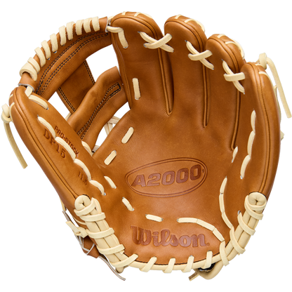 A tan Wilson A2000 DP15 11.5" Baseball Glove (WBW104111115) with cream laces, showing the palm side and Wilson branding embossed on premium Pro Stock Leather.
