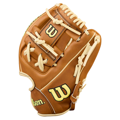 The Wilson A2000 DP15 11.5" Baseball Glove (WBW104111115) features brown Pro Stock Leather, cream laces, and yellow Wilson logos on the thumb and wrist, shown upright against a plain white background.