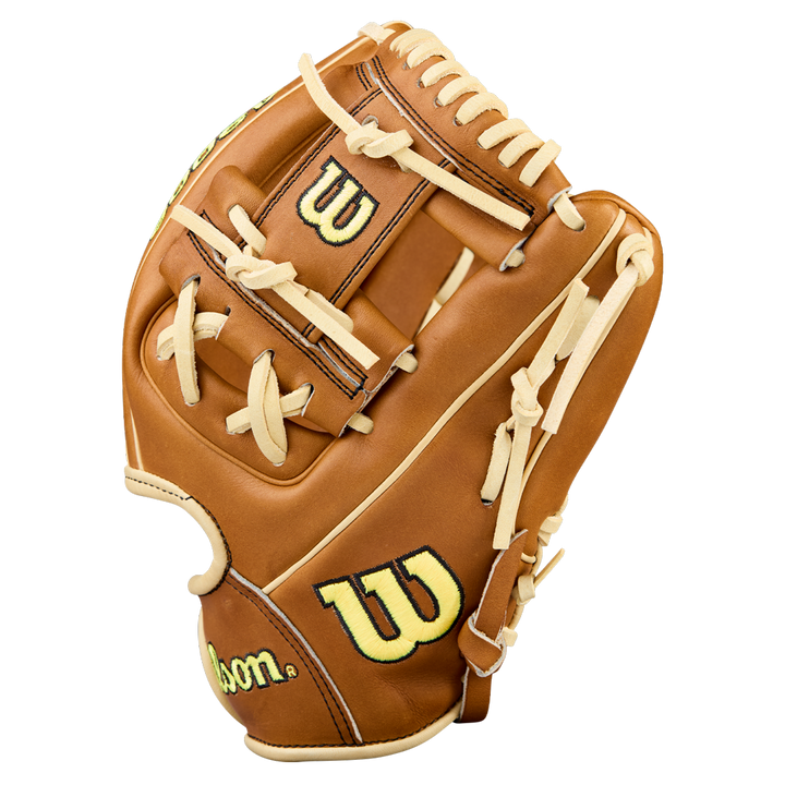 The Wilson A2000 DP15 11.5" Baseball Glove (WBW104111115) features brown Pro Stock Leather, cream laces, and yellow Wilson logos on the thumb and wrist, shown upright against a plain white background.