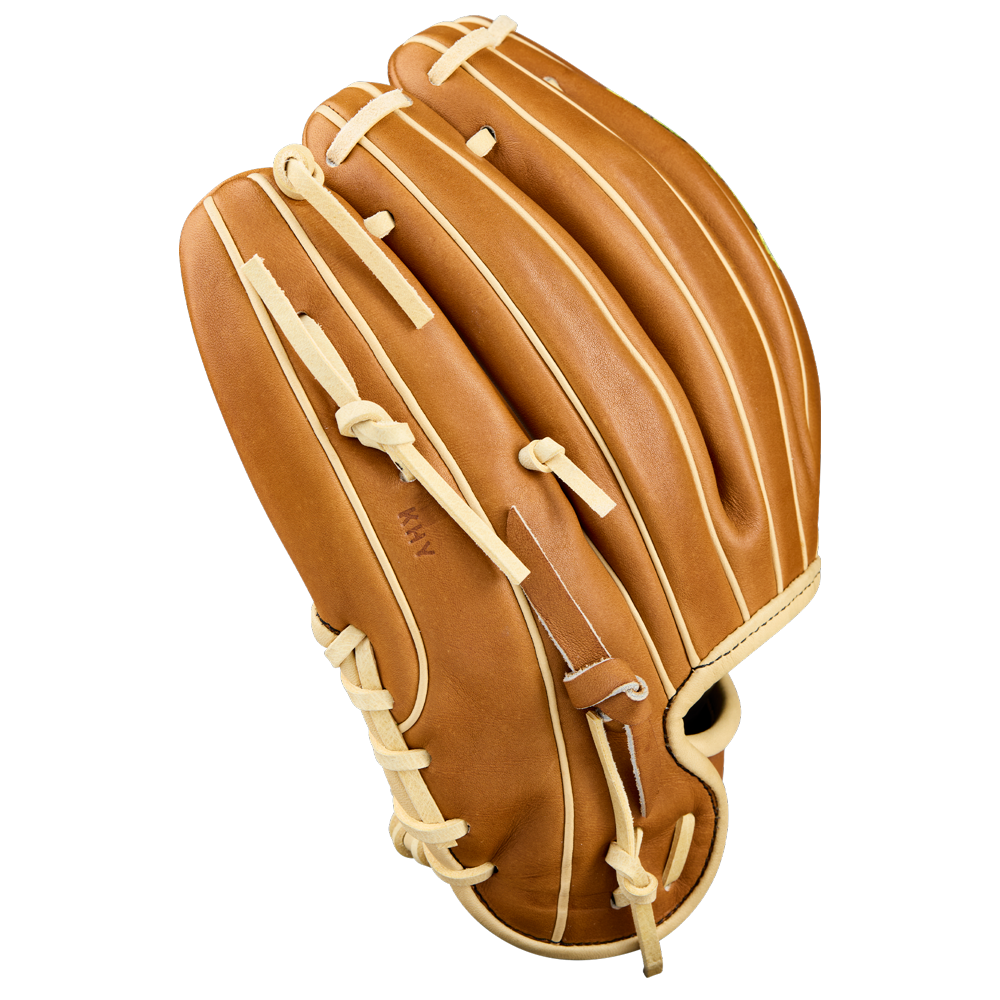 The Wilson A2000 DP15 11.5" Baseball Glove (WBW104111115) by Wilson features tan Pro Stock Leather and cream laces, shown top-side against a white background.