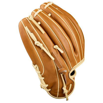 The Wilson A2000 DP15 11.5" Baseball Glove (WBW104111115) by Wilson features tan Pro Stock Leather and cream laces, shown top-side against a white background.