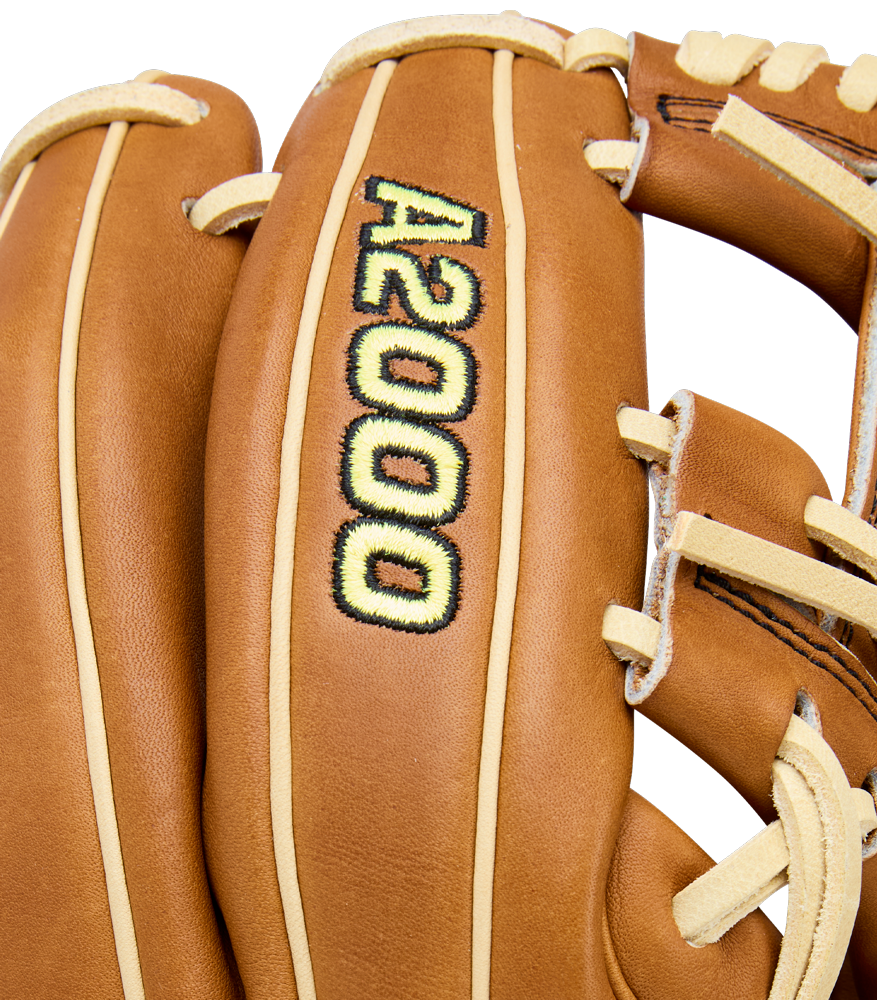 A close-up of a Wilson A2000 DP15 11.5" Baseball Glove (WBW104111115) with Pro Stock Leather, beige lacing, and black and yellow A2000 embroidery on the back.