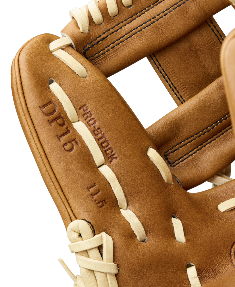 Close-up of the Wilson A2000 DP15 11.5" Baseball Glove (WBW104111115) by Wilson, featuring cream laces, tan Pro Stock leather with DP15 and 11.5 embossed, Pedroia Fit design, and detailed visible stitching.