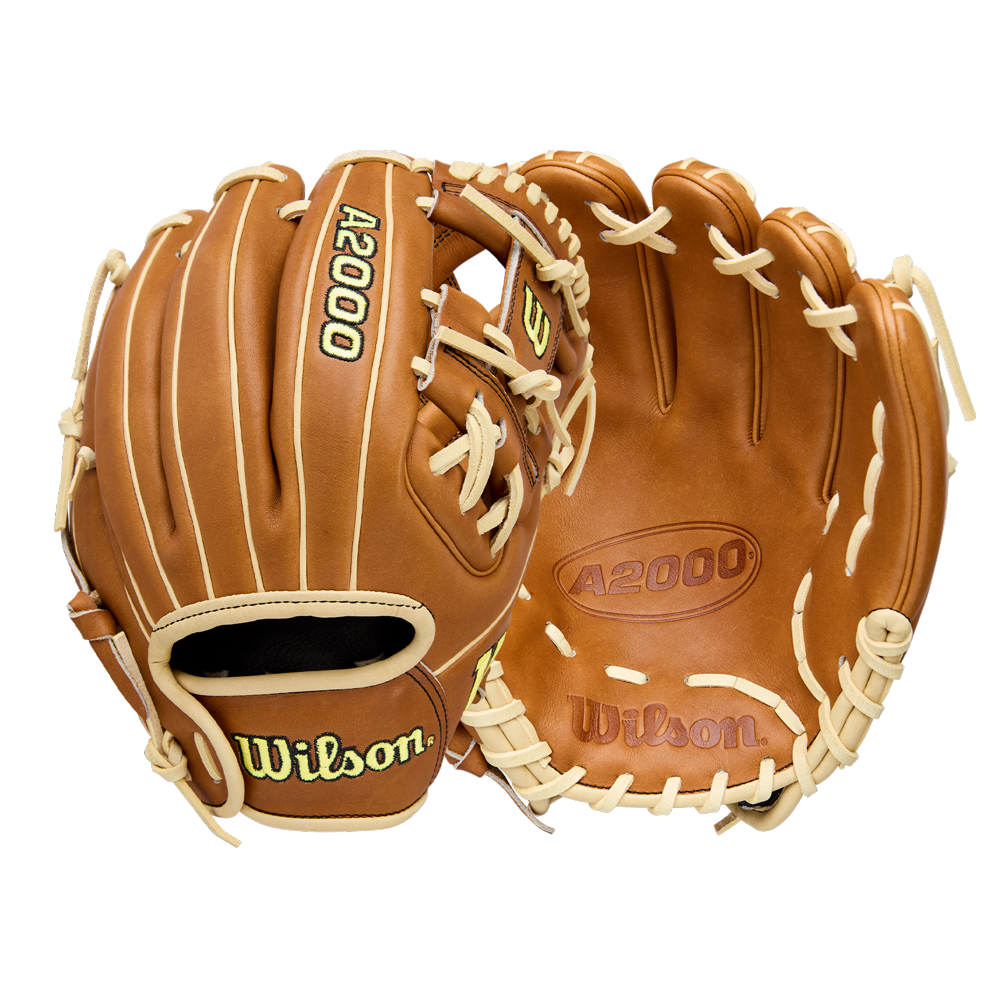 Two Wilson A2000 DP15 11.5" baseball gloves are shown—one with the palm side up, the other showing the back. Both display Wilson branding and premium Pro Stock Leather construction with tan color and cream laces.