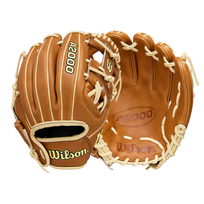 Two Wilson A2000 DP15 11.5" baseball gloves are shown—one with the palm side up, the other showing the back. Both display Wilson branding and premium Pro Stock Leather construction with tan color and cream laces.