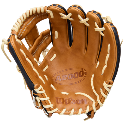 The Wilson A2000 1975SS 11.75" Baseball Glove (WBW1041121175) features a brown and tan leather design with white lacing, open and showing the embossed Wilson brand and model inside the palm, built for premium performance.