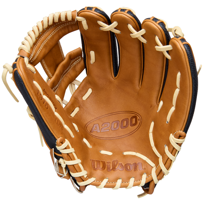 The Wilson A2000 1975SS 11.75" Baseball Glove (WBW1041121175) features a brown and tan leather design with white lacing, open and showing the embossed Wilson brand and model inside the palm, built for premium performance.