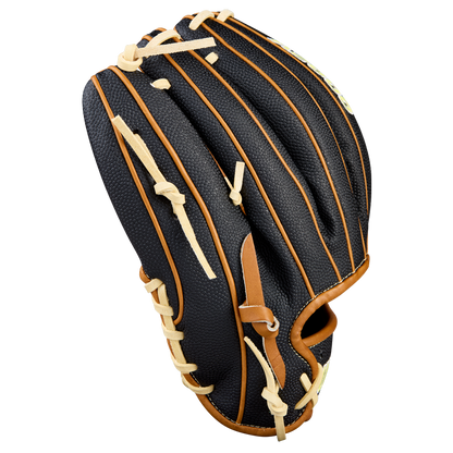 A Wilson A2000 1975SS 11.75" baseball glove (WBW1041121175) in black with tan laces and trim, shown angled to display the outer side against a plain white background.