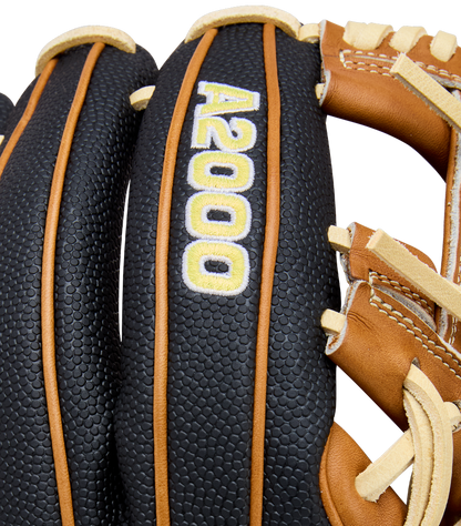 Close-up of a Wilson A2000 1975SS 11.75" Baseball Glove (WBW1041121175), featuring black and brown textured leather with yellow and white A2000 stitching on the finger. White background.