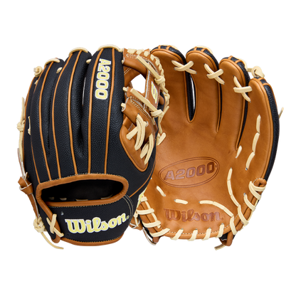 Two Wilson A2000 1975SS 11.75" baseball gloves by Wilson are shown side by side: one highlights the black and tan exterior with cream laces, while the other features the tan leather palm with embossed Wilson branding and cream laces.